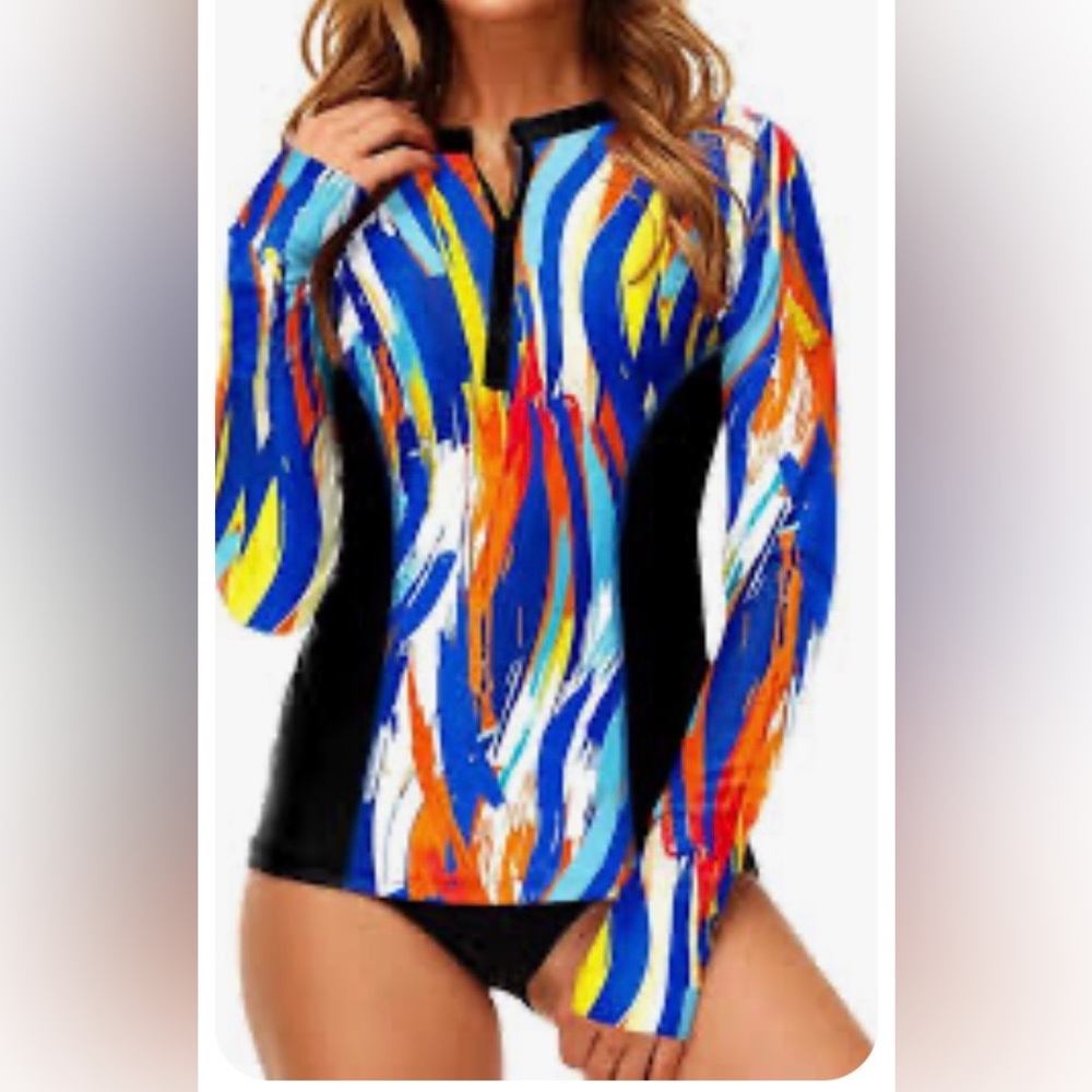 AOBUTE Women’s Long Sleeve Rash Guard Swim Top - Blue Orange Abstract